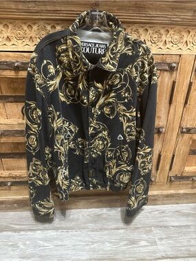 Versace Jeans Couture Mens Black Gold Baroque Print Snap Front Jacket Size Large